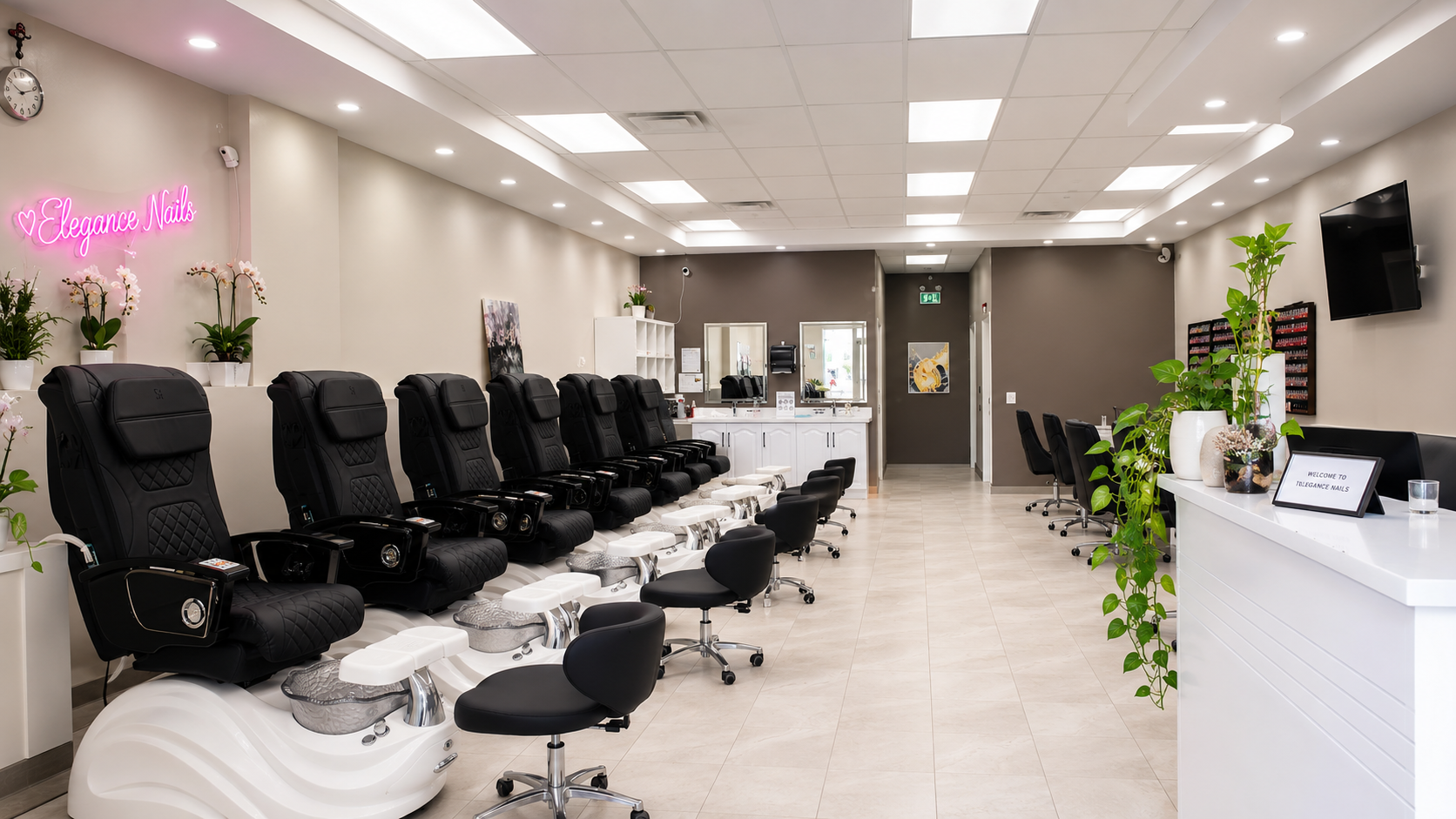 Bright main studio with pedicure chairs and Elegance Nails neon sign